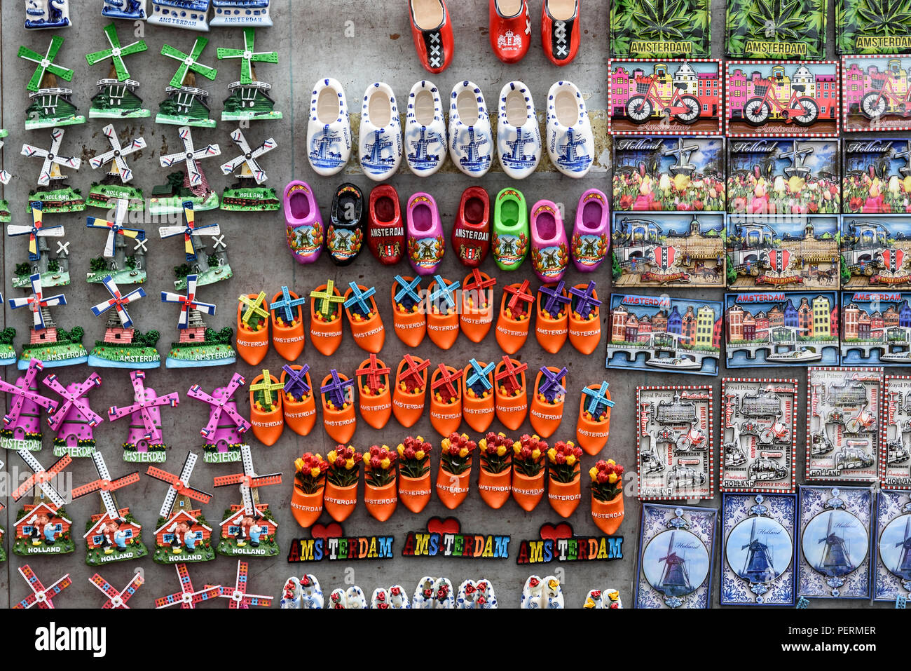 multiple, colorful fridge magnets from Amsterdam and Holland, displayed for sale Stock Photo