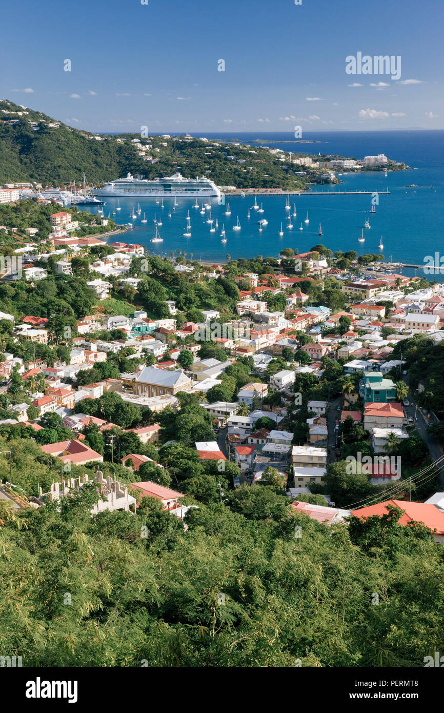 West Indies, Caribbean, Lesser Antilles, Leeward Islands, US Virgin Islands, St. Thomas, elevated view over Charlotte Amalie in the evening light Stock Photo
