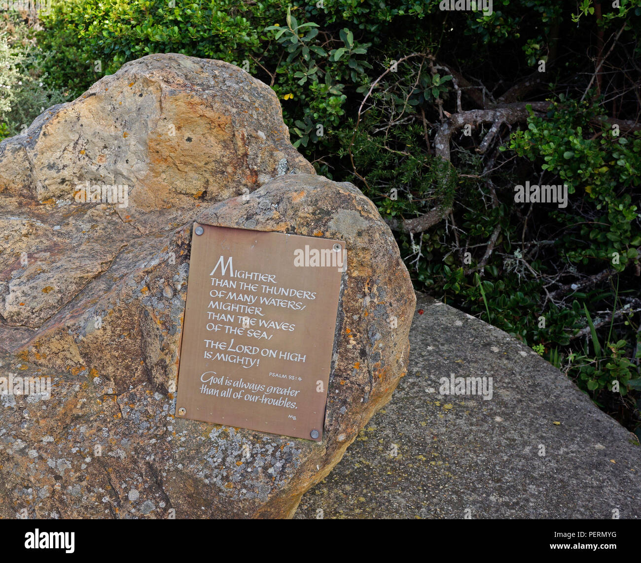 Psalm 93:4 on a plaque at The Heads, Knysna, Garden Route , South Africa. Stock Photo