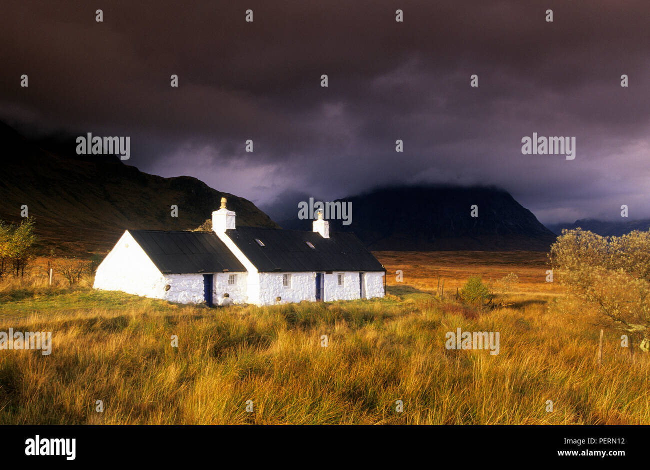 United Kingdom, Scotland, Highlands Region, Western Highlands, Glencoe (Glen Coe), Rannoch Moor, Blackrock Cottage Stock Photo