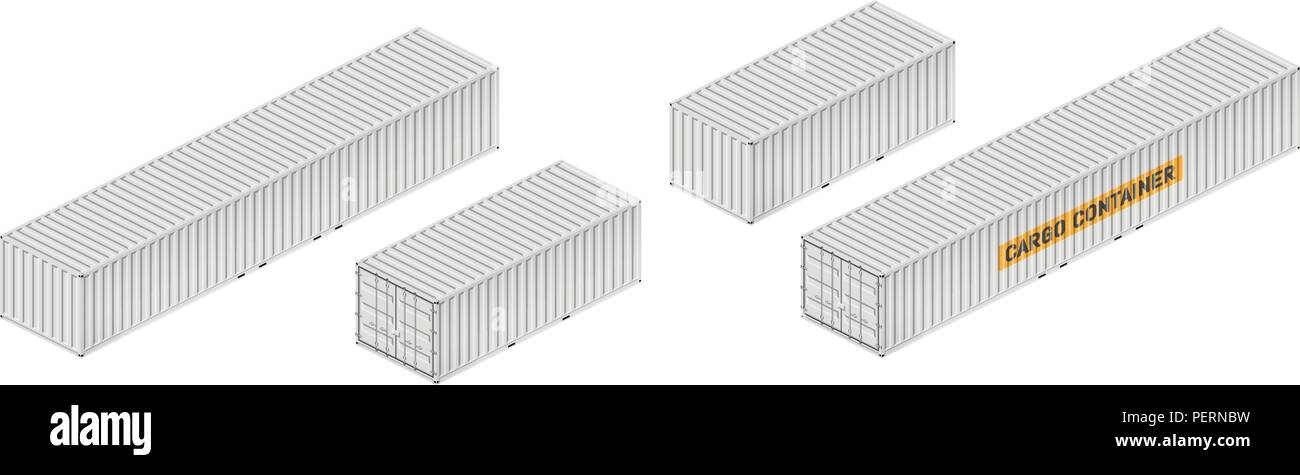Cargo container vector mockup on white background with side, front, back, top view. Stock Vector