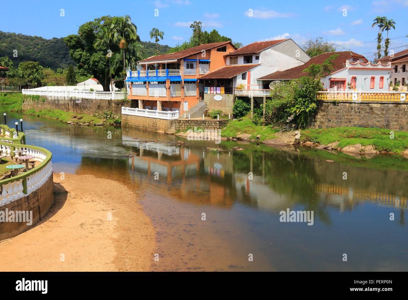 Brazil - colonial town of Morretes in the state of Parana. Old townscape with river reflection. Stock Photo