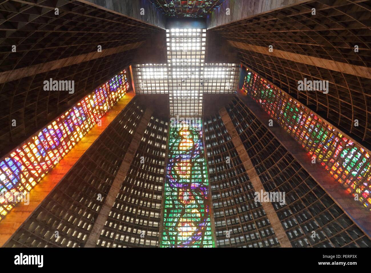 RIO DE JANEIRO, BRAZIL - OCTOBER 19, 2014: Interior view of cathedral in Rio de Janeiro. The modern style cathedral was completed in 1979. It was desi Stock Photo