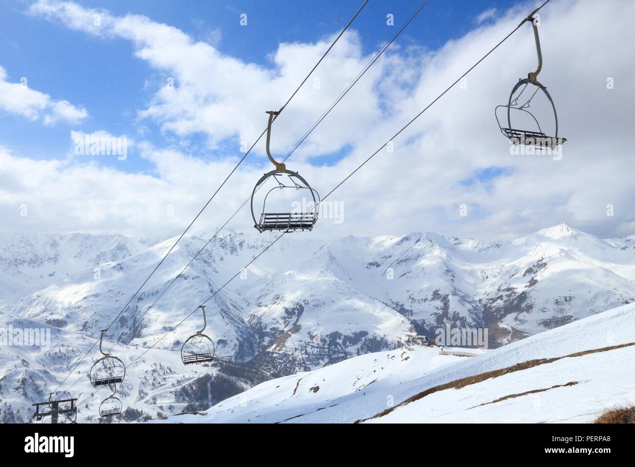 Ski lift in Galibier-Thabor skiing resort in France. Stock Photo