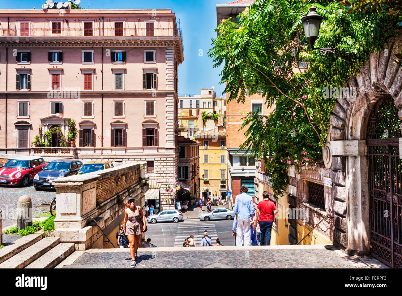 Rome,Italy - July 19, 2018:Street view from Saint Francis of Paola s street, on the Borgias stairway, looking towards Cavour street with tourists Stock Photo