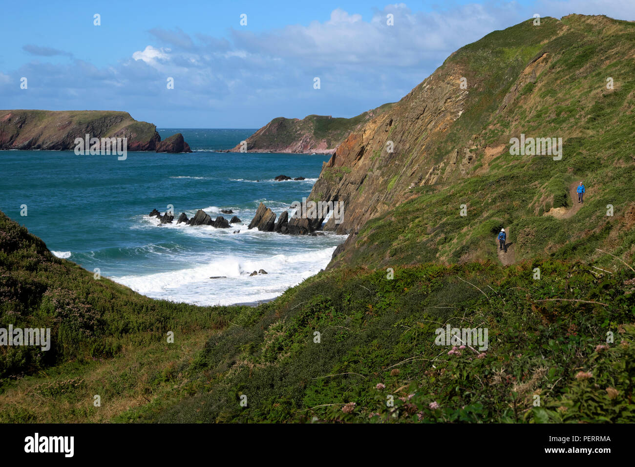 Two walkers on the coastal path near Marloes Sands beach and Gateholm Island with the sea at high tide Pembrokeshire West Wales UK  KATHY DEWITT Stock Photo