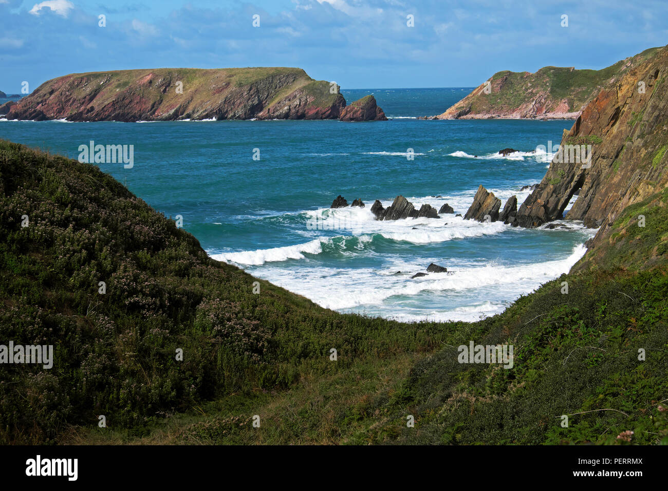 View of Marloes beach Gateholm Island at high tide Pembrokeshire West Wales UK  KATHY DEWITT Stock Photo