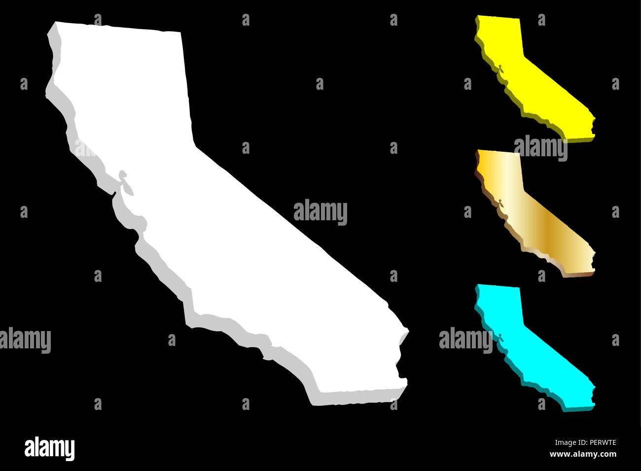 3D map of California (United States of America, The Golden State) - white, yellow, blue and gold - vector illustration Stock Vector