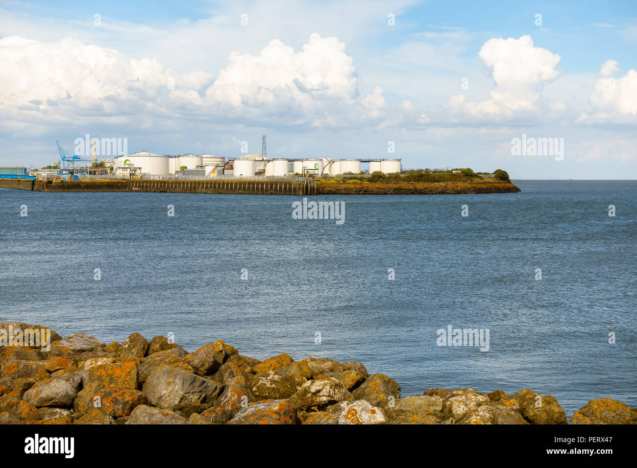 Cardiff, United Kingdom - August 09, 2018: Oil storage tanks at the Queen Alexandra Dock in Cardiff, Cardiff Bay. Stock Photo