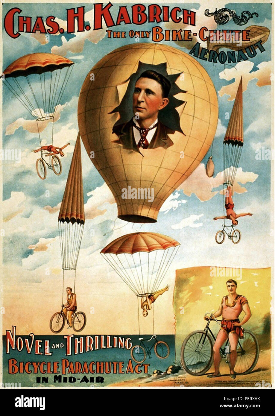CHARLES KABRICH An American 1896 poster for a stunt bike rider and parachutist. No other information found. Stock Photo
