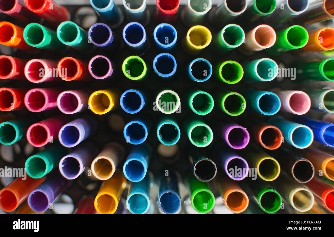 Artists tools coloring pens in many shades seen from above Stock Photo