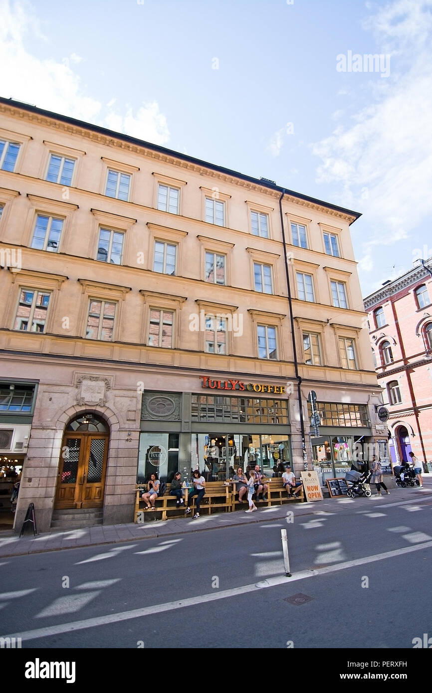 STOCKHOLM, SWEDEN - JULY 11, 2018: Cafes and streetview in Gotgatsbacken Sodermalm on July 11, 2018 in Stockholm, Sweden. Stock Photo