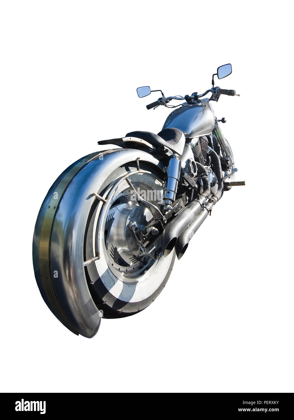 Home crafted motorcycle chrome and white front wheel isolated on white Stock Photo