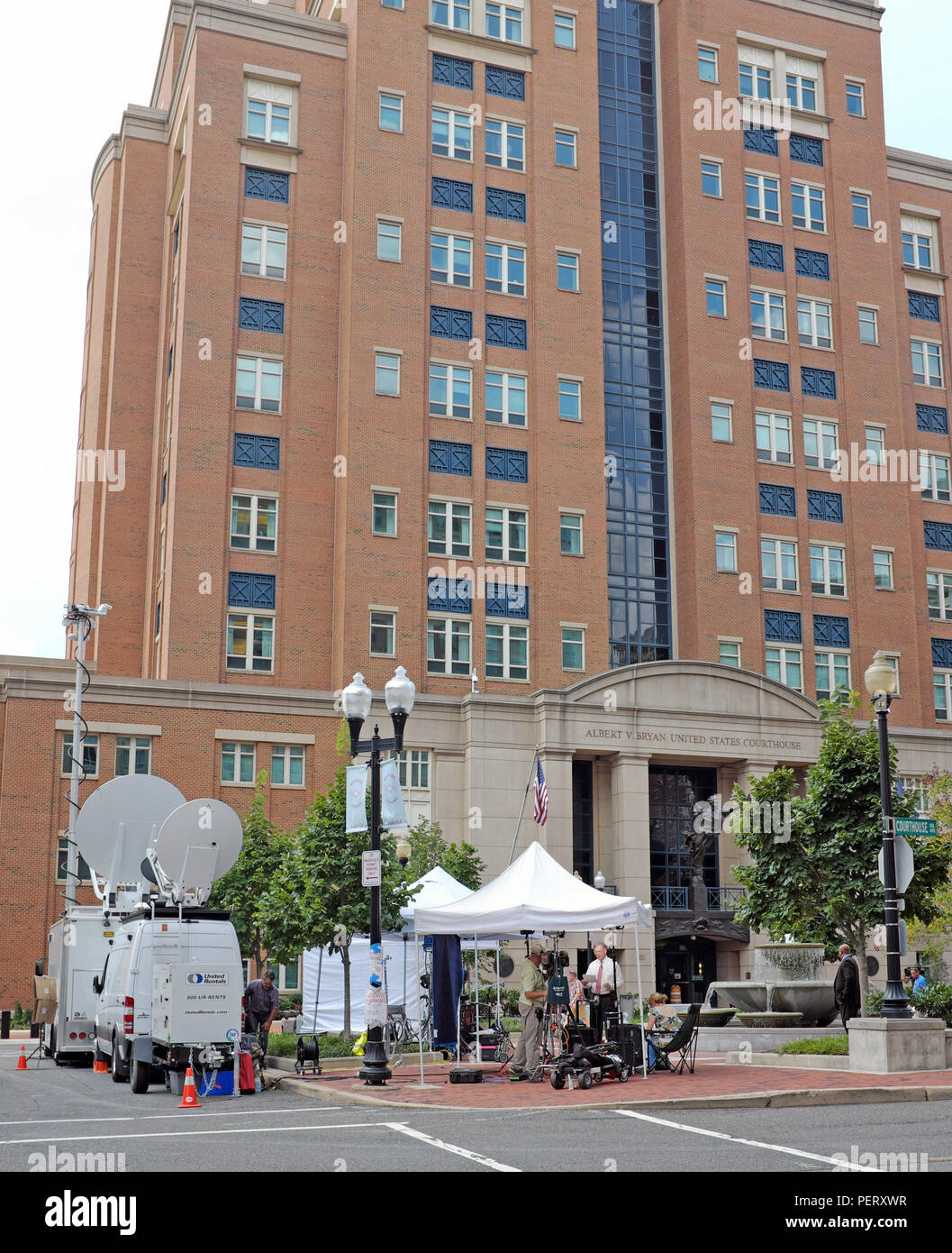 Broadcast media outside the Albert V. Bryan United States Courthouse in Alexandria, Virginia covering the Paul Manfort trial occurring inside. Stock Photo