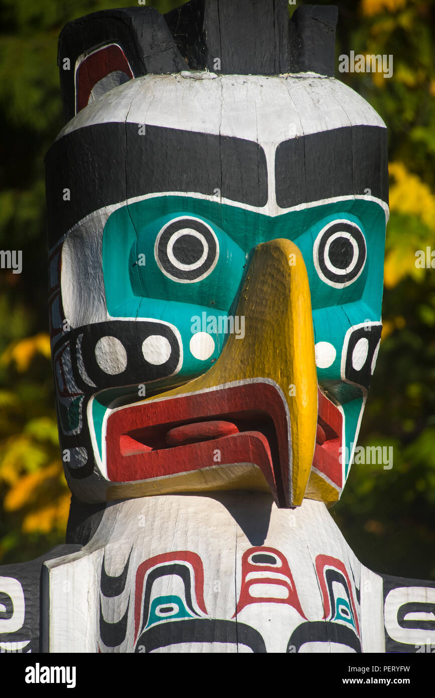 Headof the Thunderbird House Post Totem Pole at Brockton Point in Stanley Park, Vancouver, British Columbia, Canada, North America Stock Photo