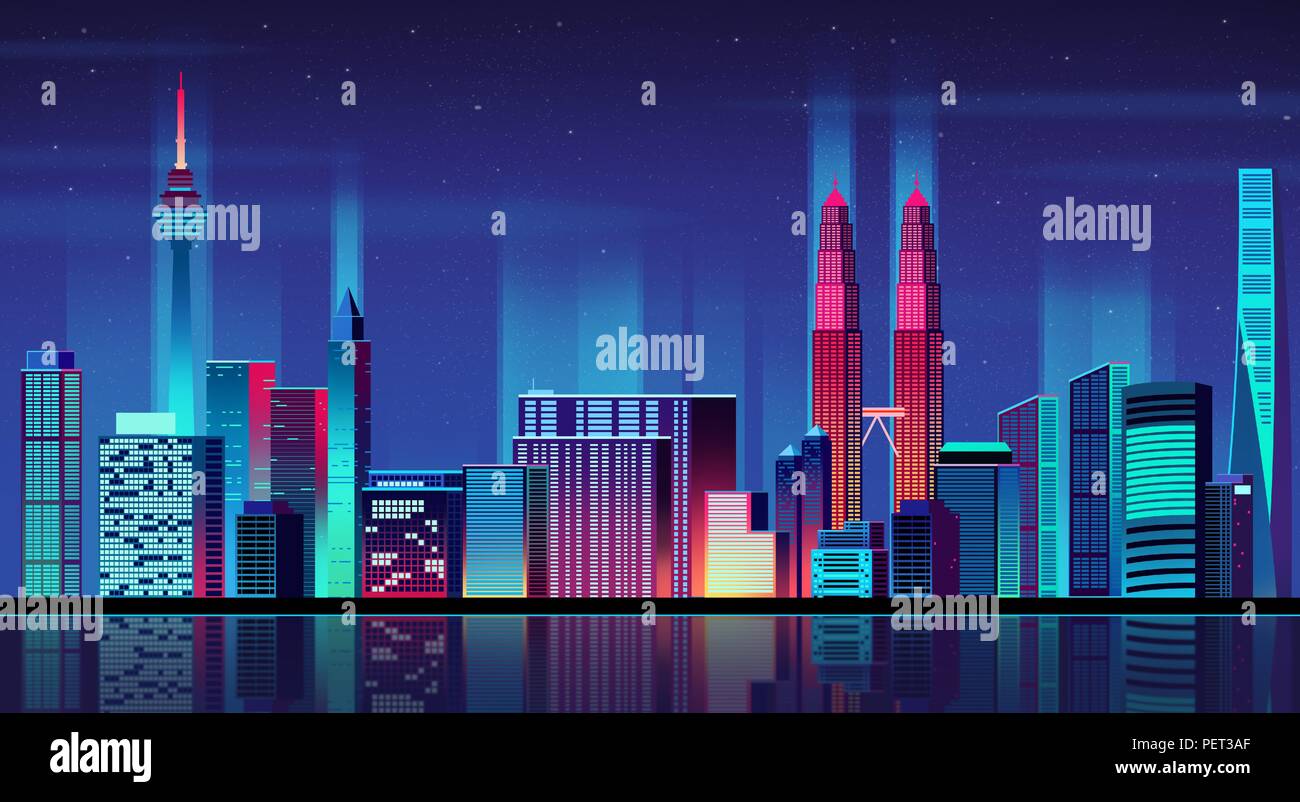 Vector - Urban City Nightscape. illustration with neon glow and vivid colors. 012 Stock Vector