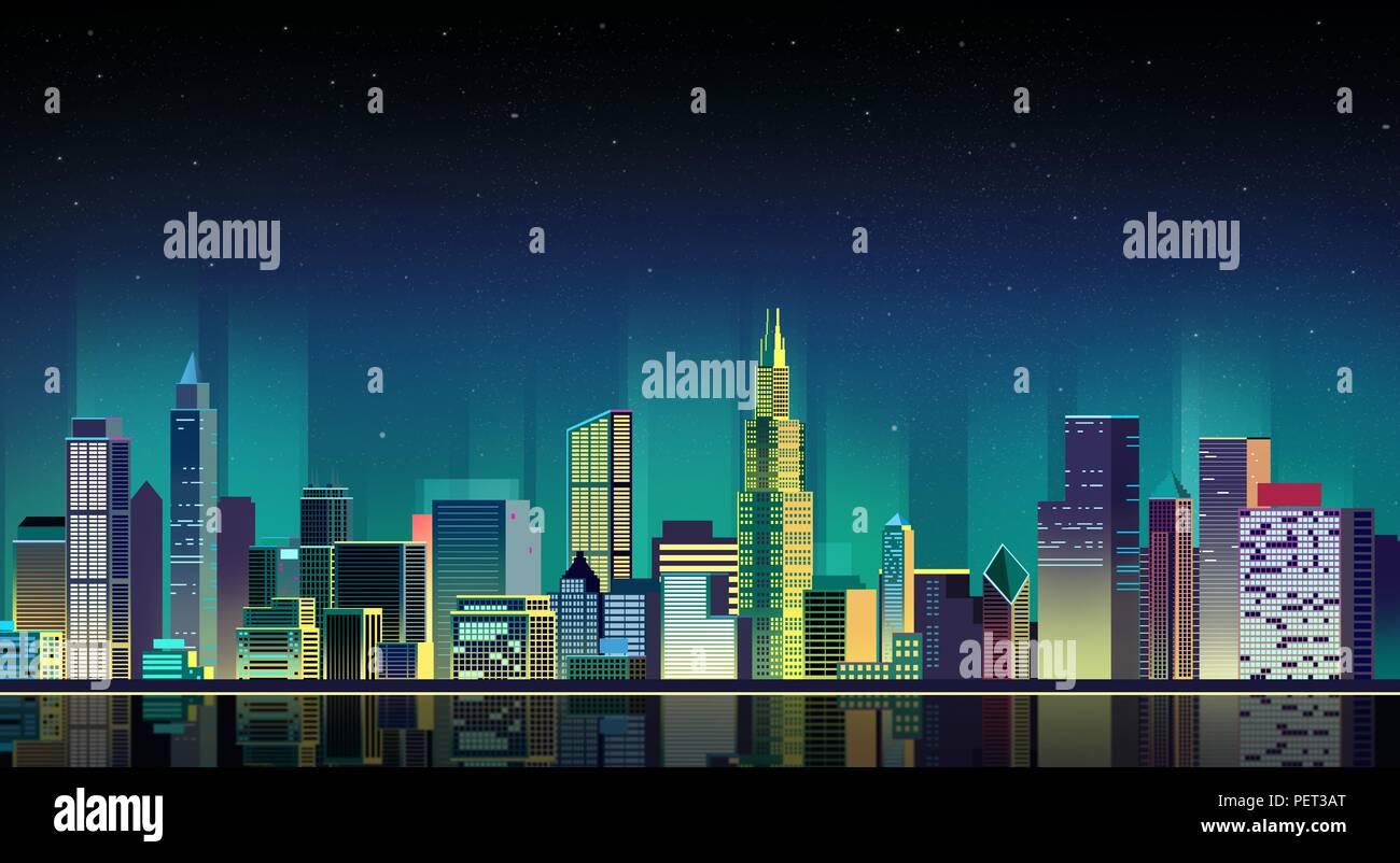 Vector - Urban City Nightscape. illustration with neon glow and vivid colors. 008 Stock Vector