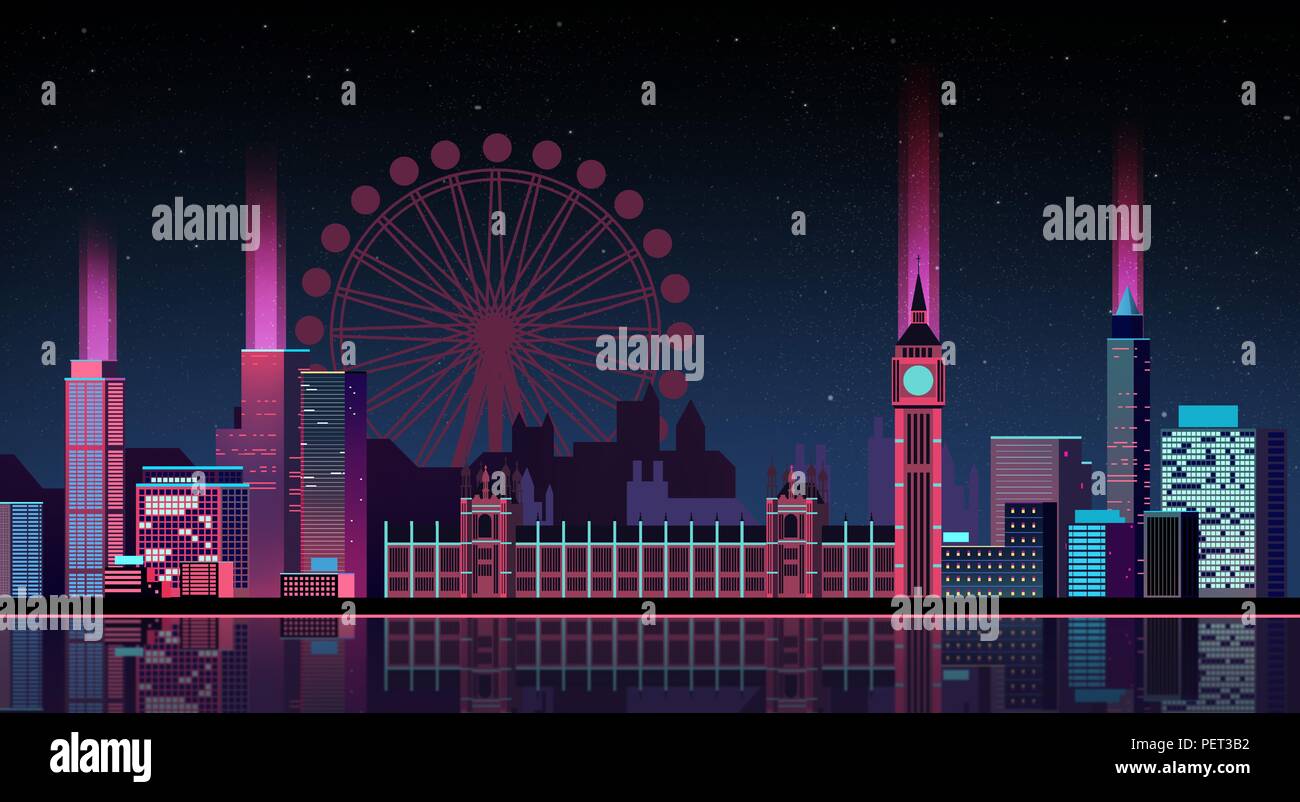 Vector - Urban City Nightscape. illustration with neon glow and vivid colors. 006 Stock Vector