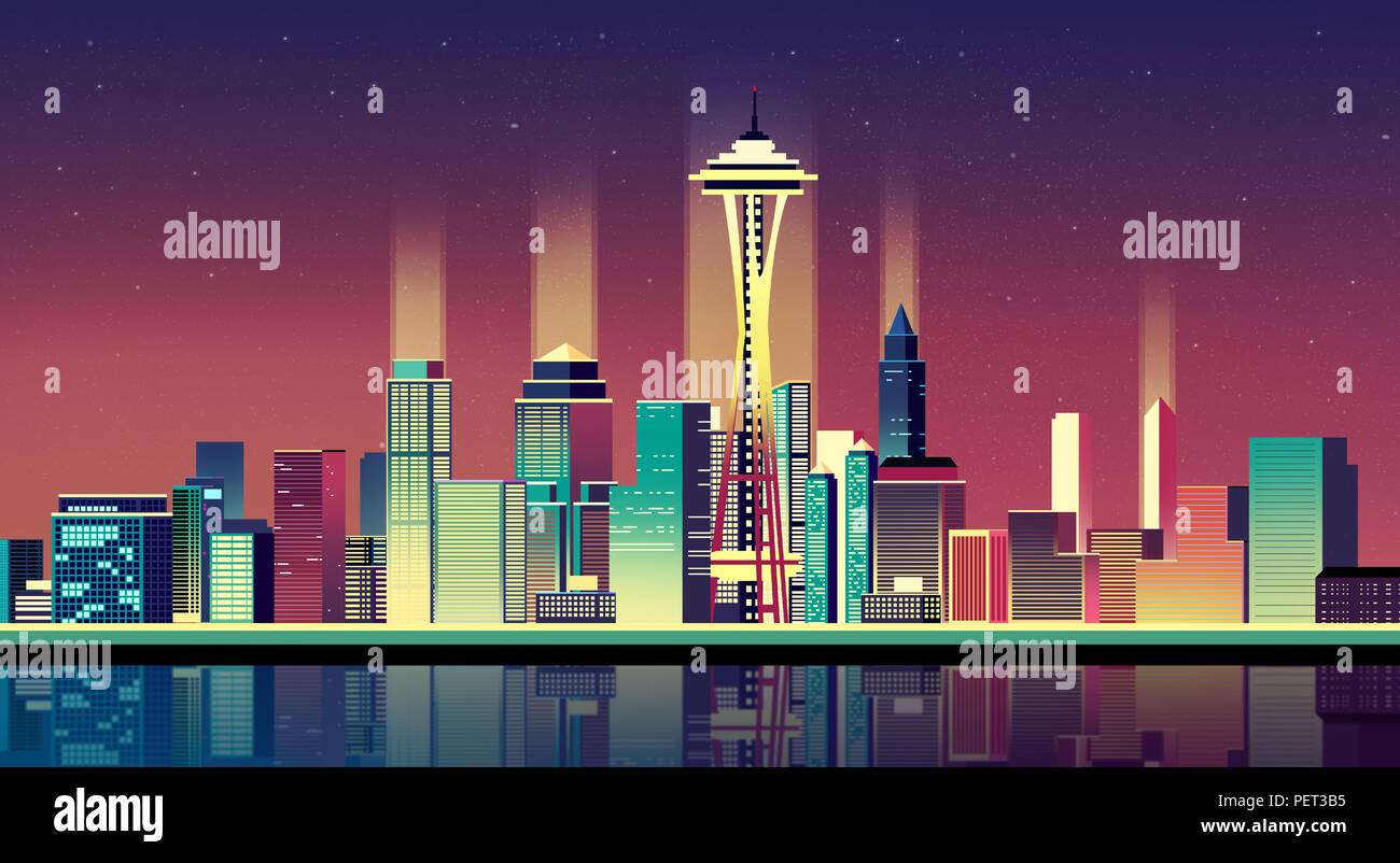 Vector - Urban City Nightscape. illustration with neon glow and vivid colors. 004 Stock Vector