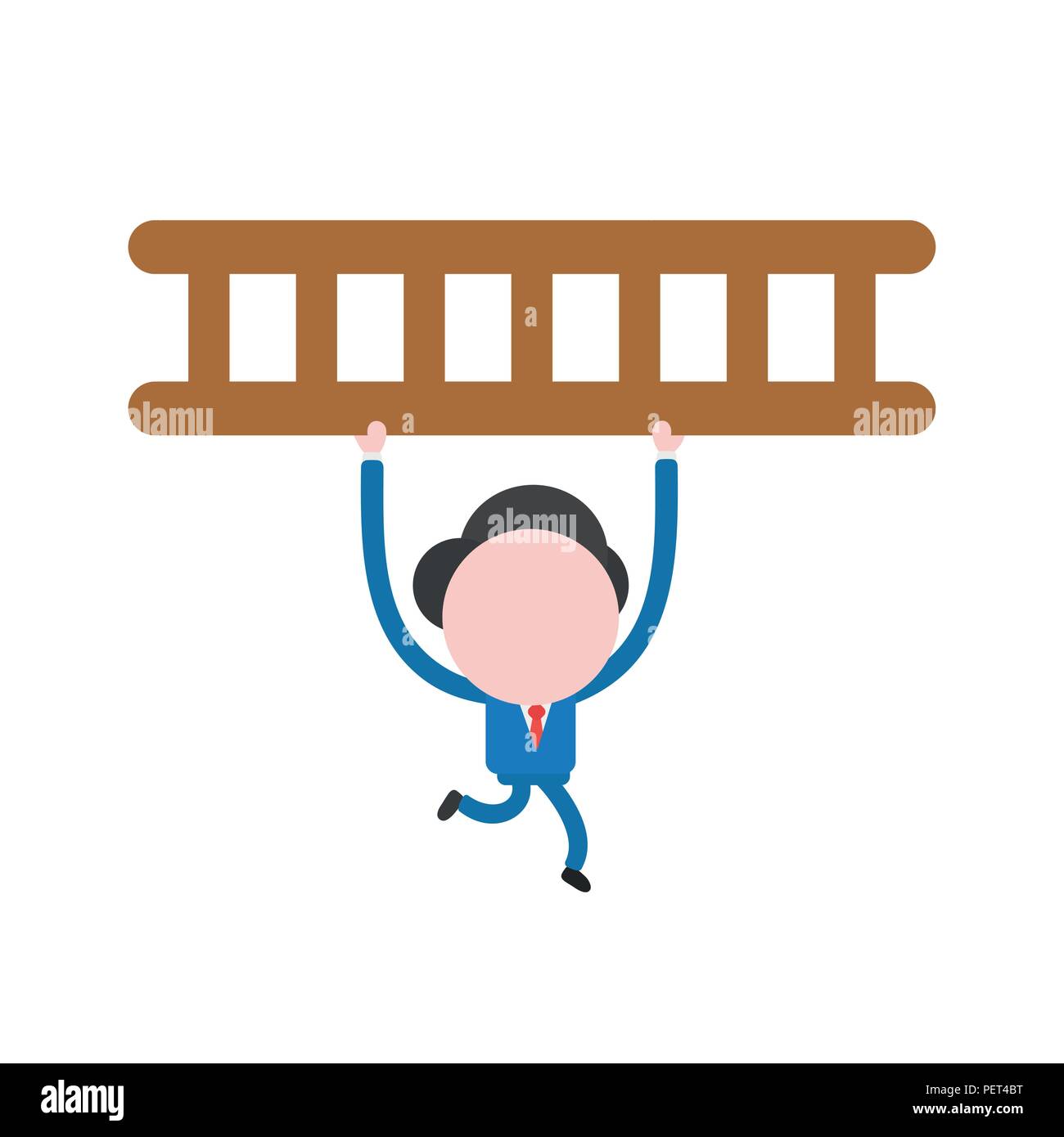 Vector illustration of faceless businessman character running and carrying wooden ladder. Stock Vector