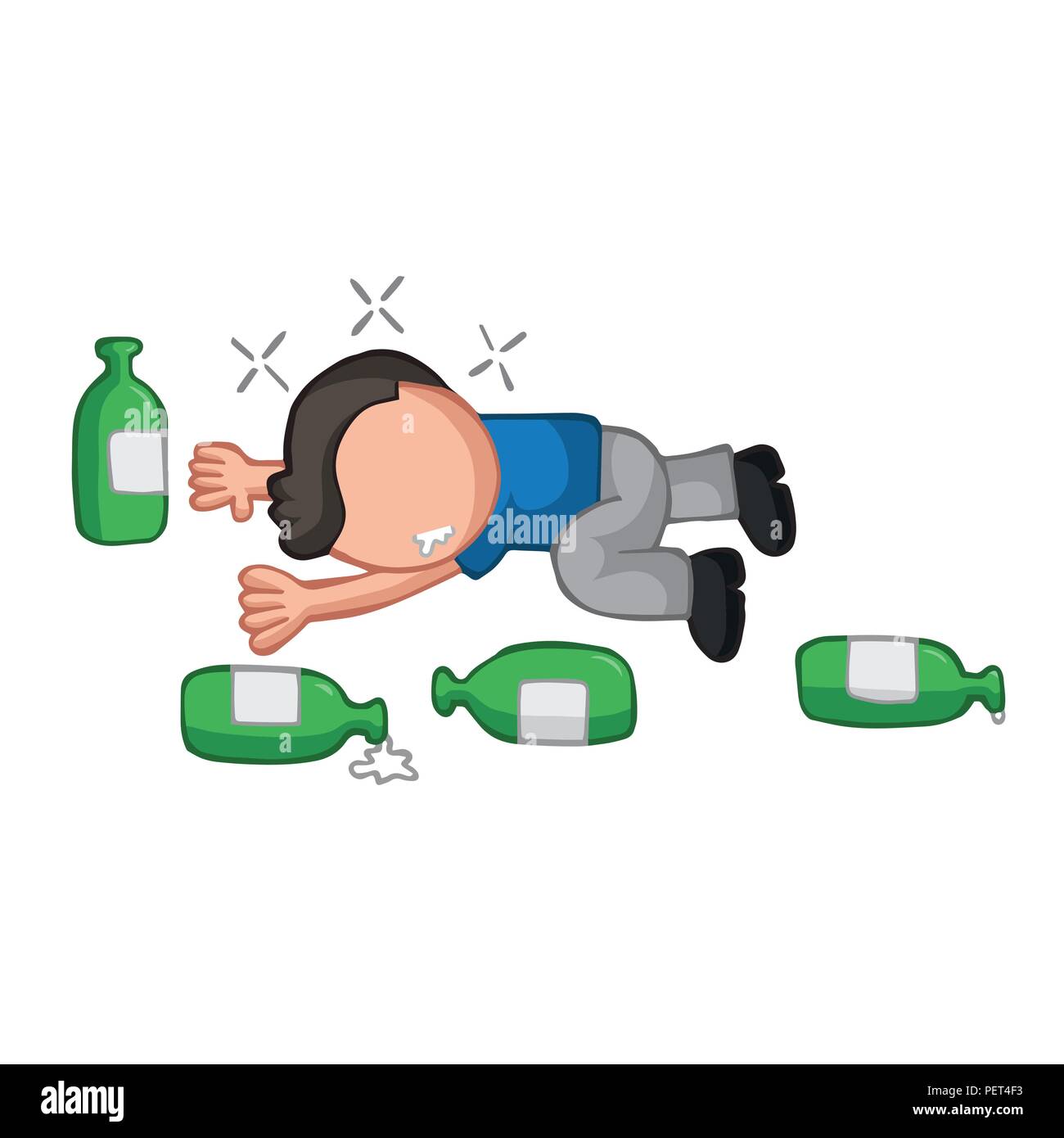 Vector hand-drawn cartoon illustration of drunk man lying on floor with ...