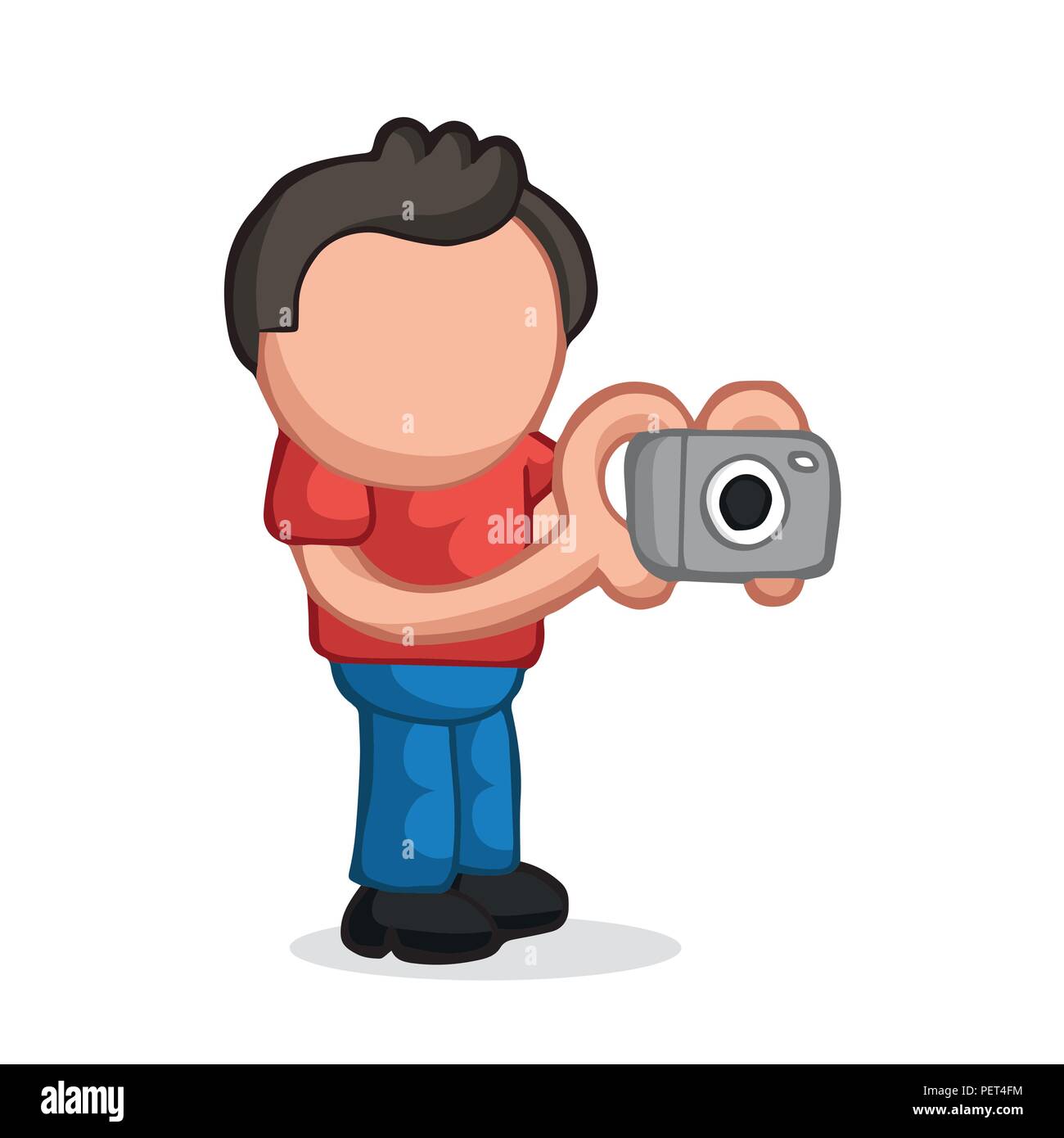 Vector hand-drawn cartoon illustration of photographer man standing shooting with camera. Stock Vector