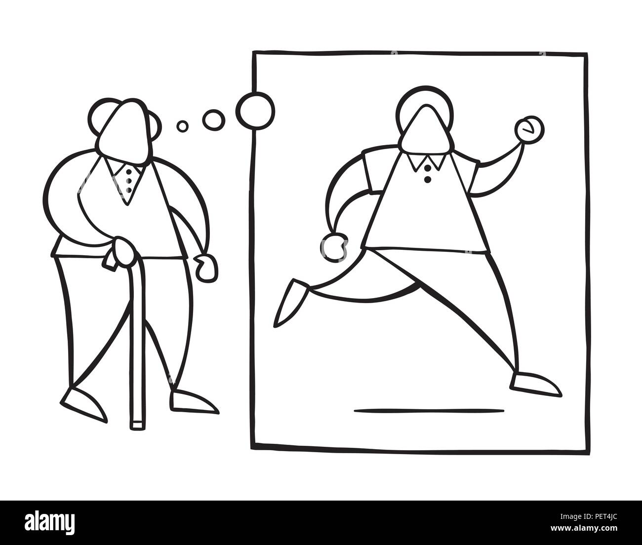 Vector illustration cartoon old man walking with wooden walking stick ...
