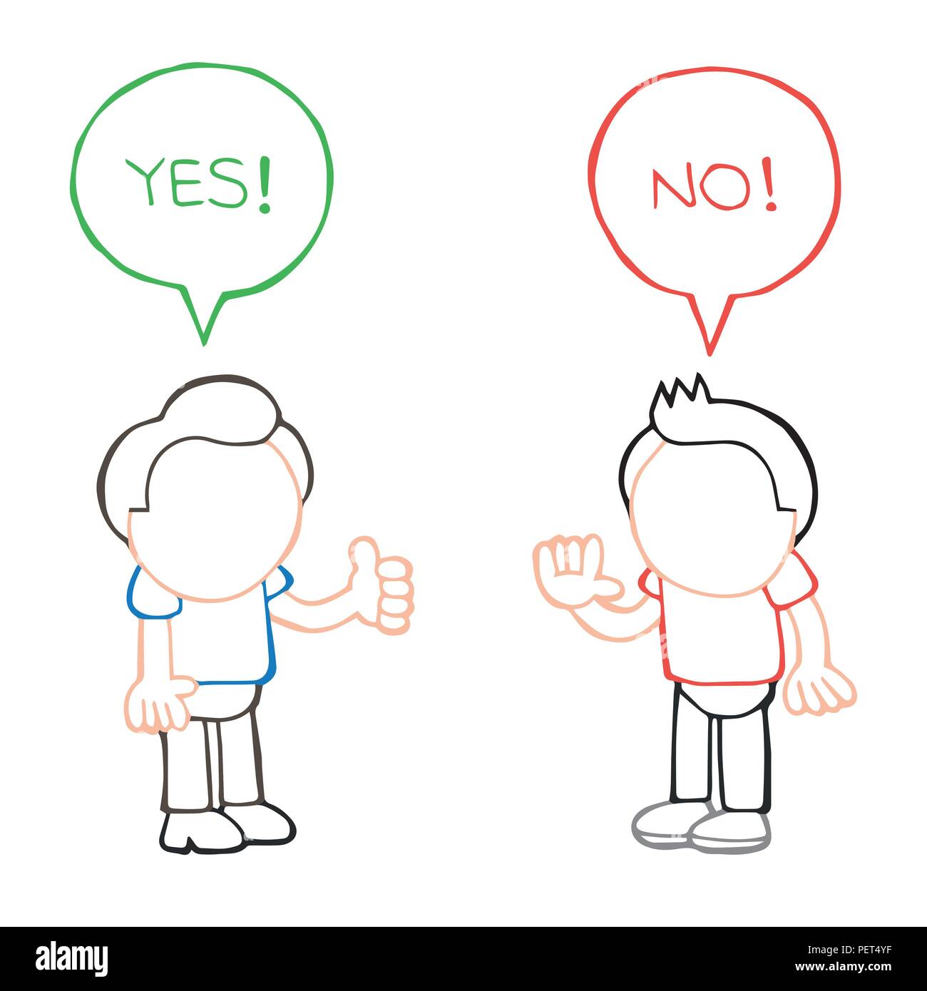 Vector hand-drawn cartoon illustration of two men arguing yes no in speech  bubbles Stock Vector Image & Art - Alamy