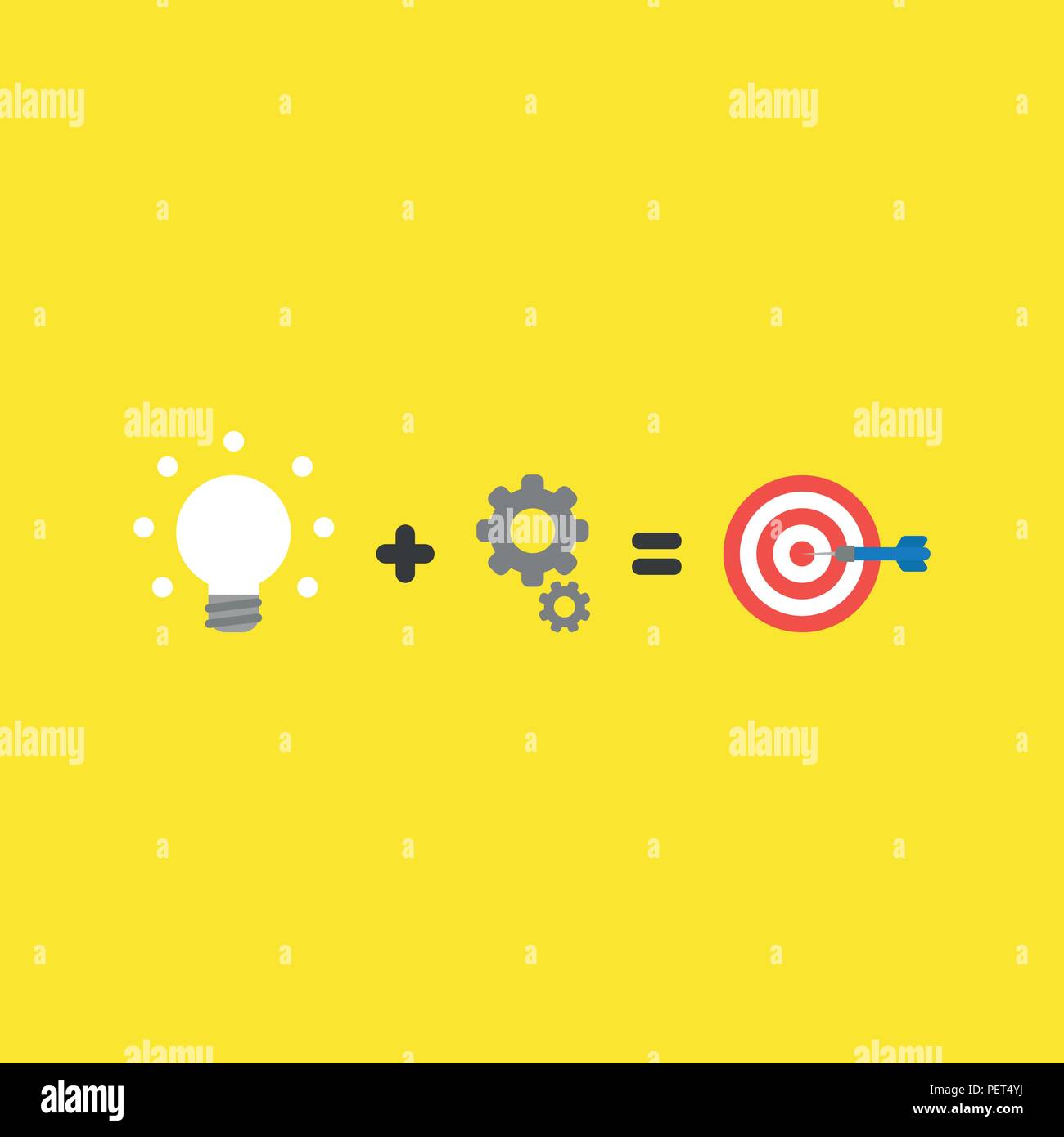 Flat vector icon concept of glowing light bulb plus gears equals bulls ...