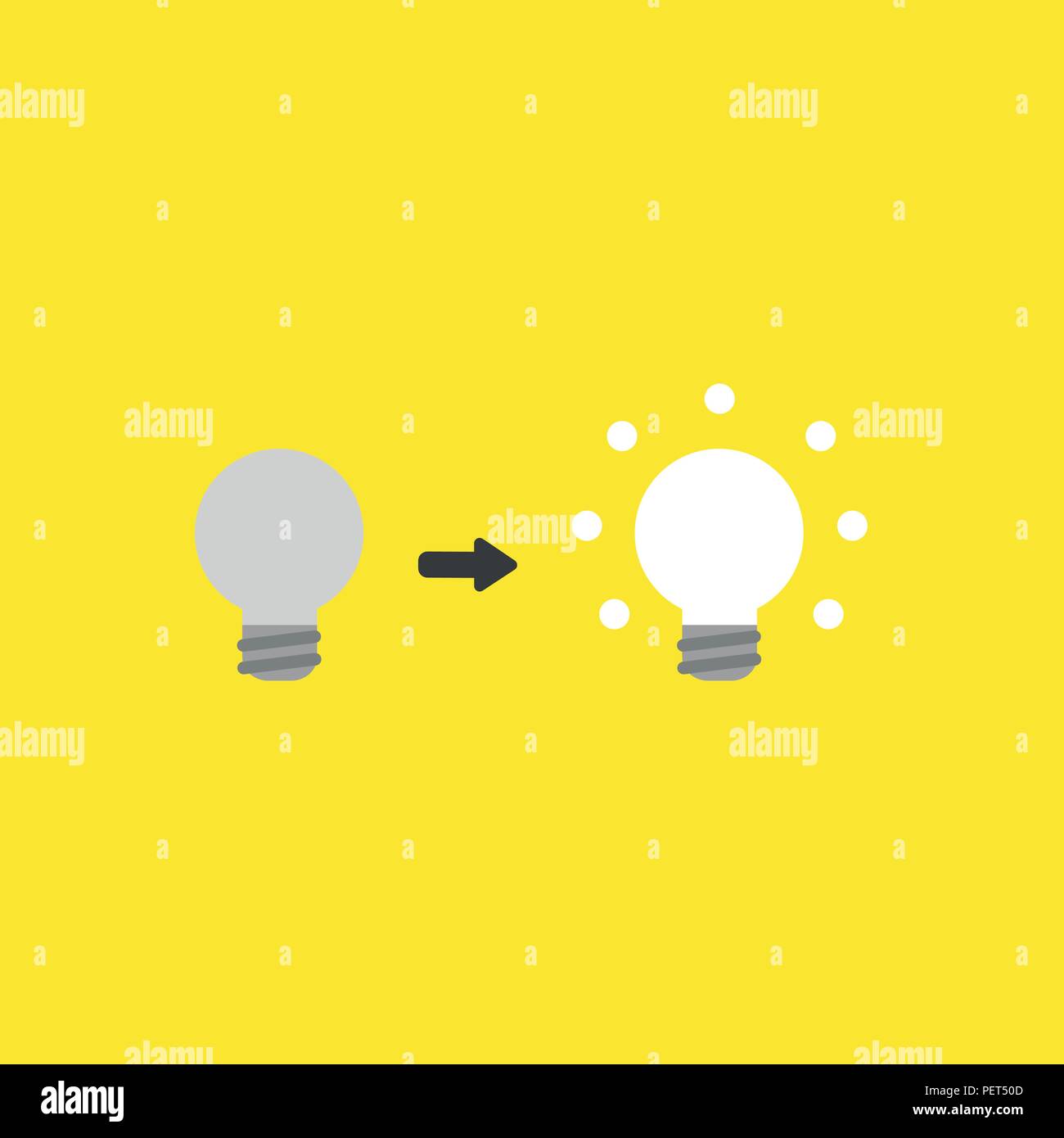 Flat vector icon concept of grey and glowing light bulbs on yellow ...