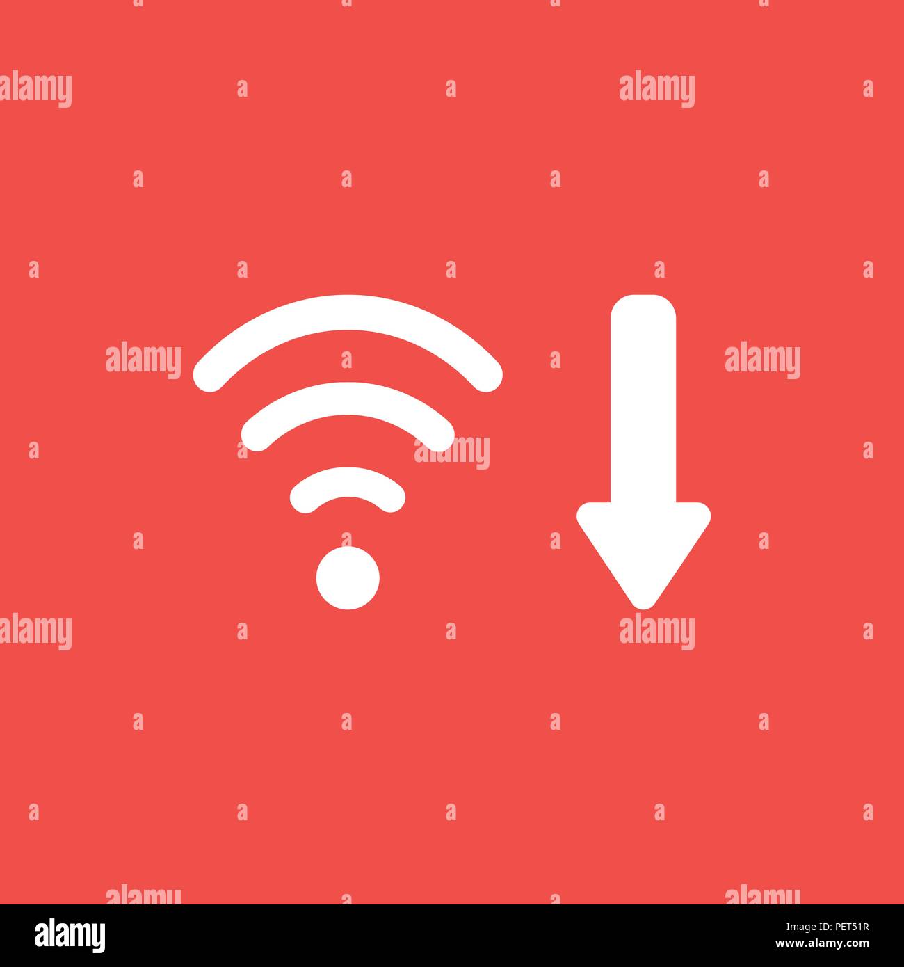 Flat vector icon concept of wireless wifi symbol with arrow moving down on red background. Stock Vector