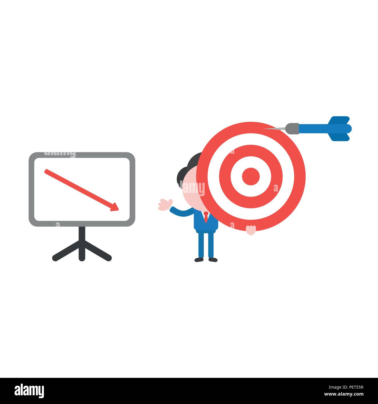 Vector illustration businessman character holding bulls eye with dart miss the mark and showing sales chart arrow moving down. Stock Vector