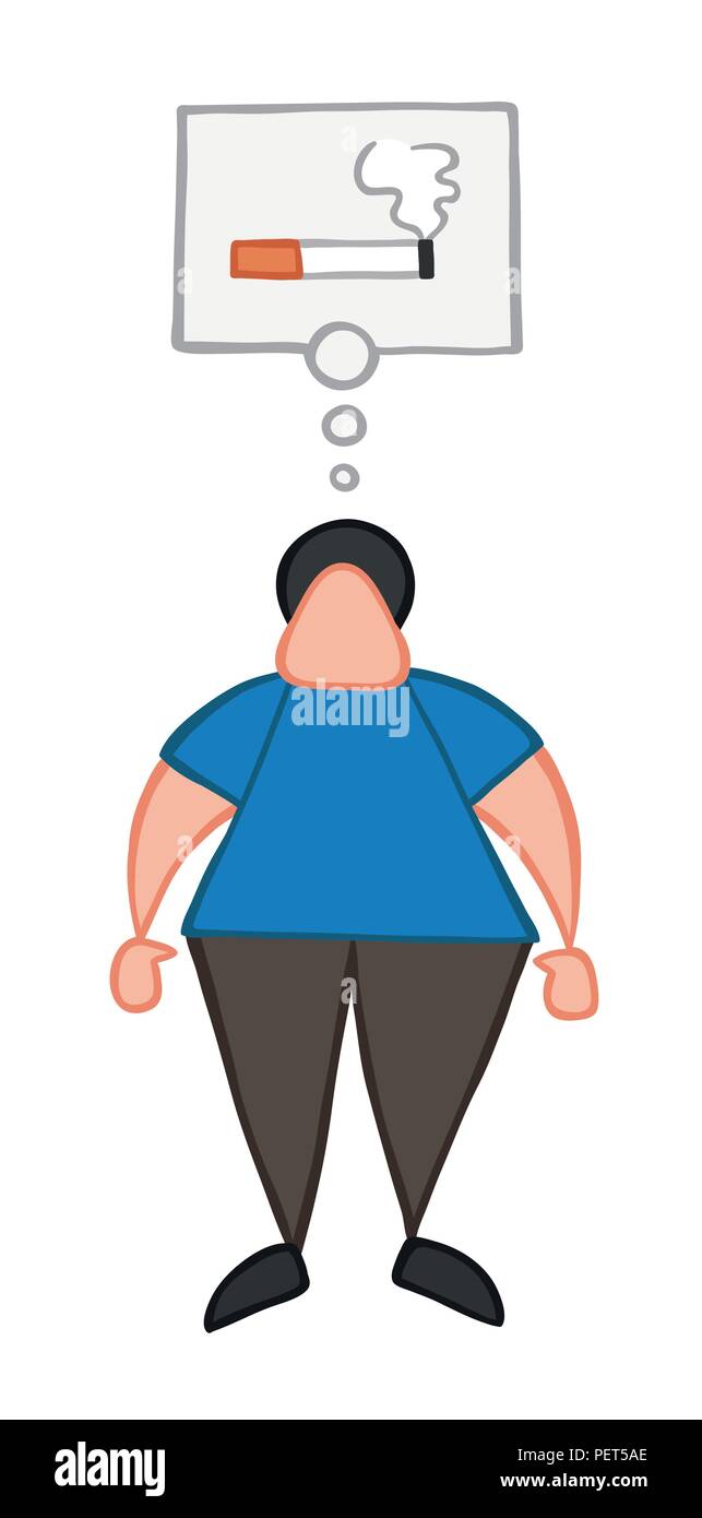 Vector illustration cartoon man character standing and thinking smoking cigarette with thought bubble. Stock Vector