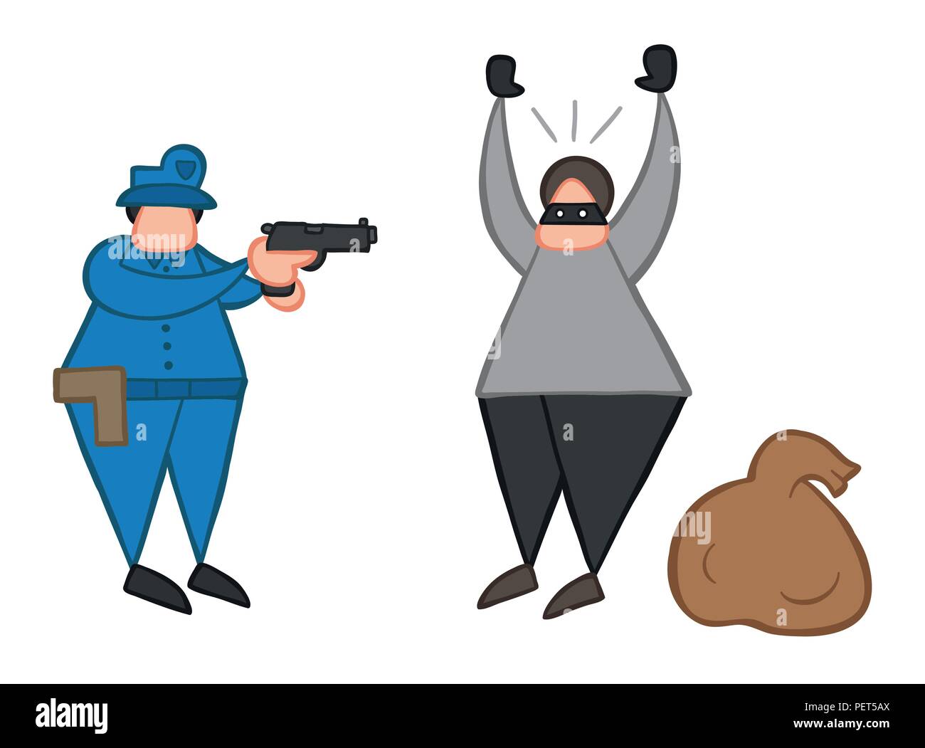 Vector illustration cartoon thief man with face masked and sack was caught by police. Stock Vector