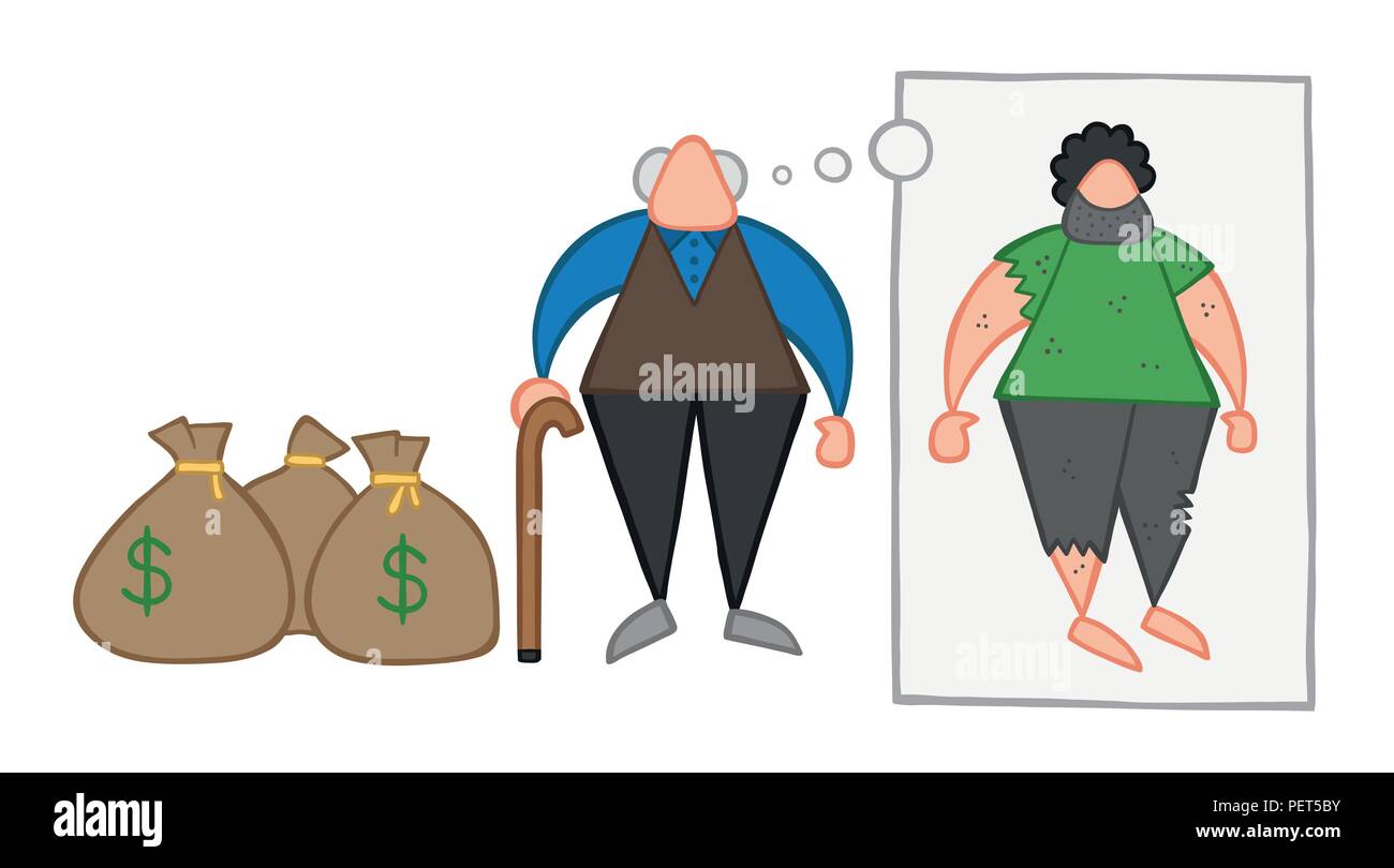 Vector illustration cartoon rich old man with dollar money sacks but dreaming or thinking about his poverty or homeless when he was young. Stock Vector