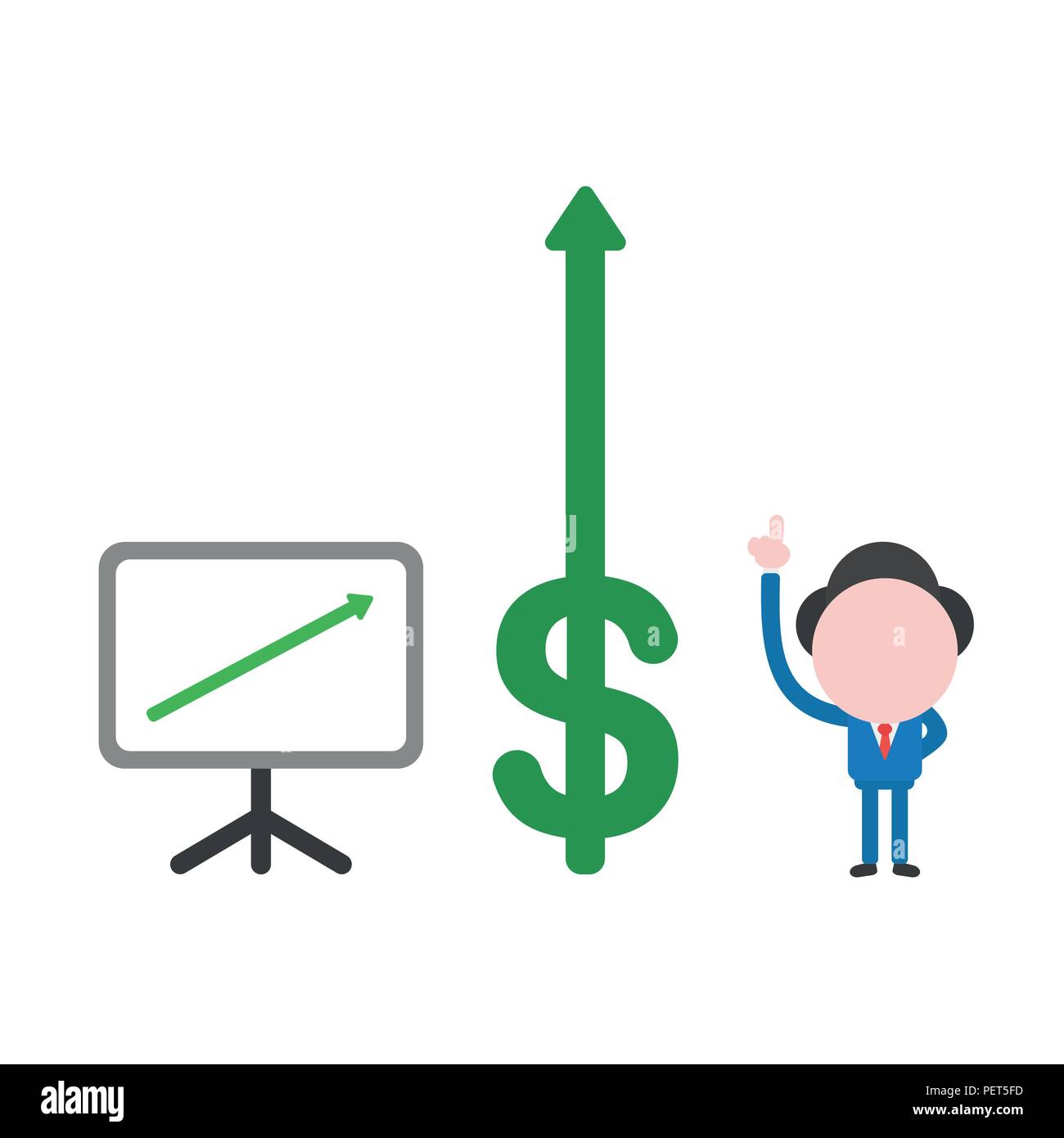 Vector illustration businessman character pointing up with sales chart arrow and dollar arrow moving up. Stock Vector