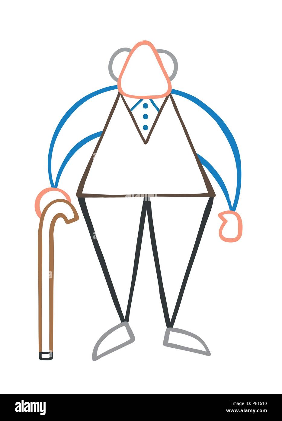 Vector illustration cartoon old man standing with wooden walking stick ...