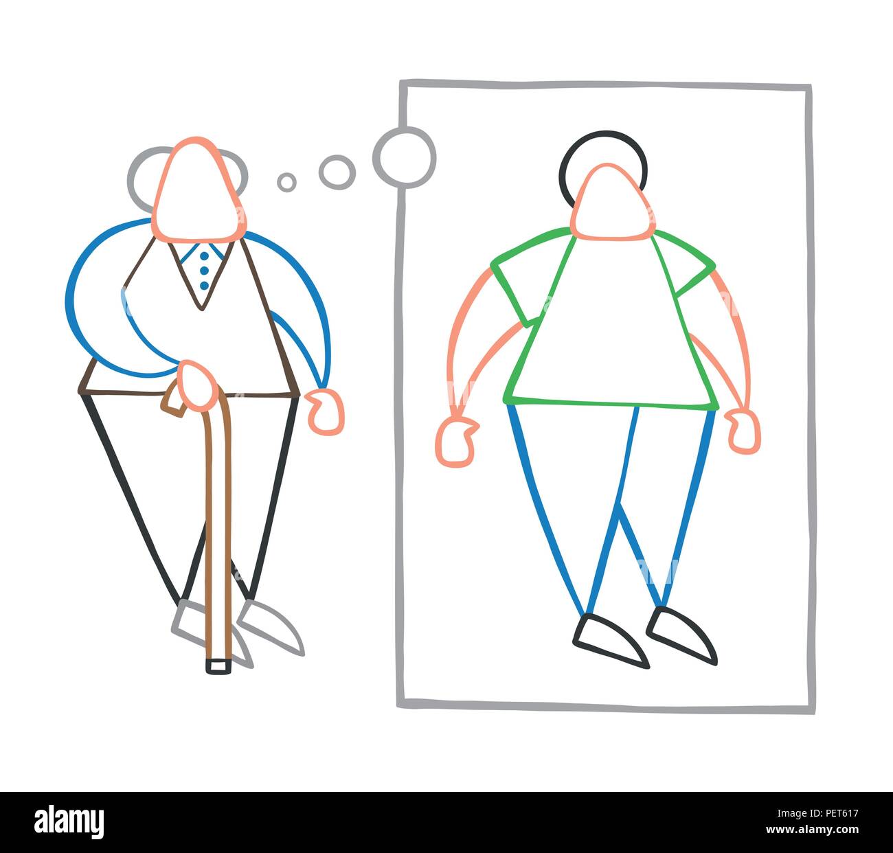 Vector cartoon old man standing with wooden walking stick and dreaming ...