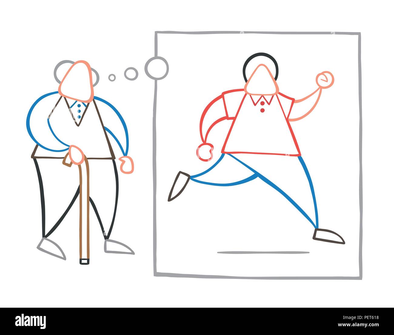 Vector illustration cartoon old man walking with wooden walking stick ...