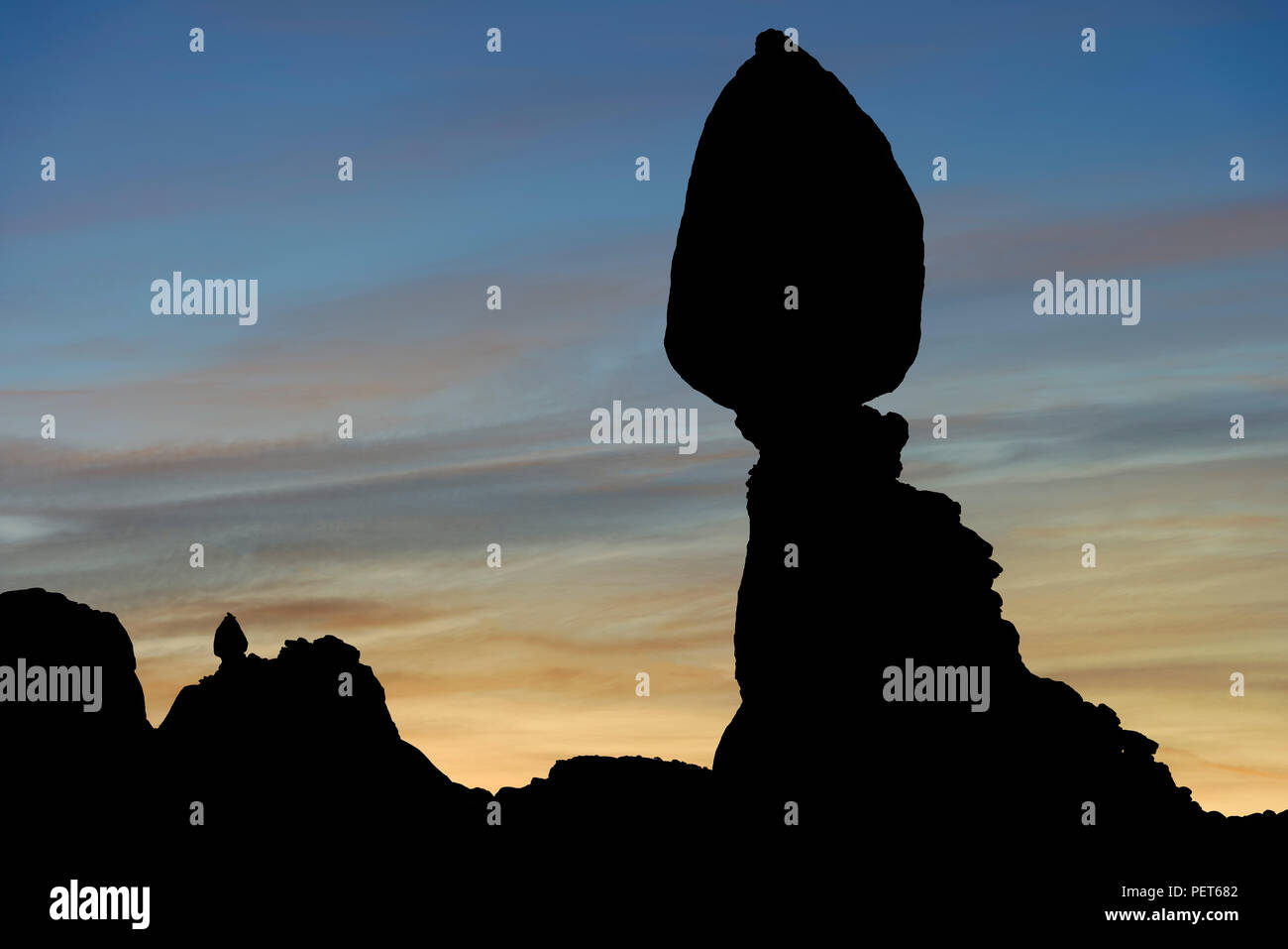 Early morning light at Balanced Rock in Arches National Park, Utah Stock Photo