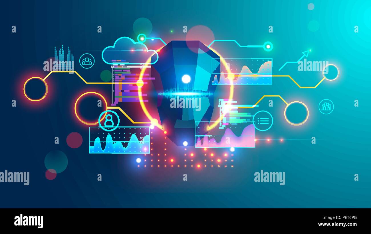 Artificial Intelligence banner. Cyber Head with ai technology doodle. Robotic computer Intellect brainstorming creativity ideas for business Stock Vector