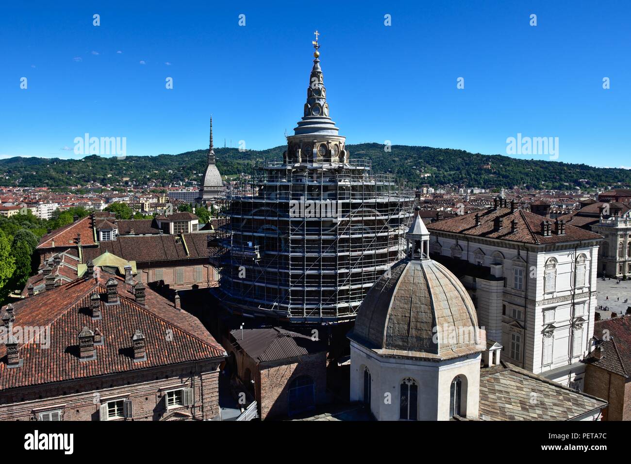 Turin Cathedral restoration process as seen from a tower nearby Stock Photo