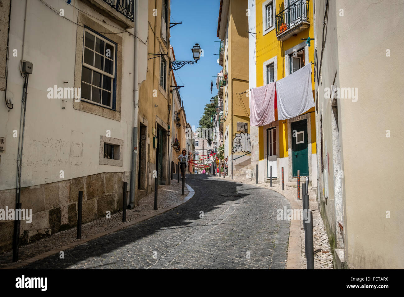 Old colorful houses and narrow streets of Lisbon, Portugal in Spring ...