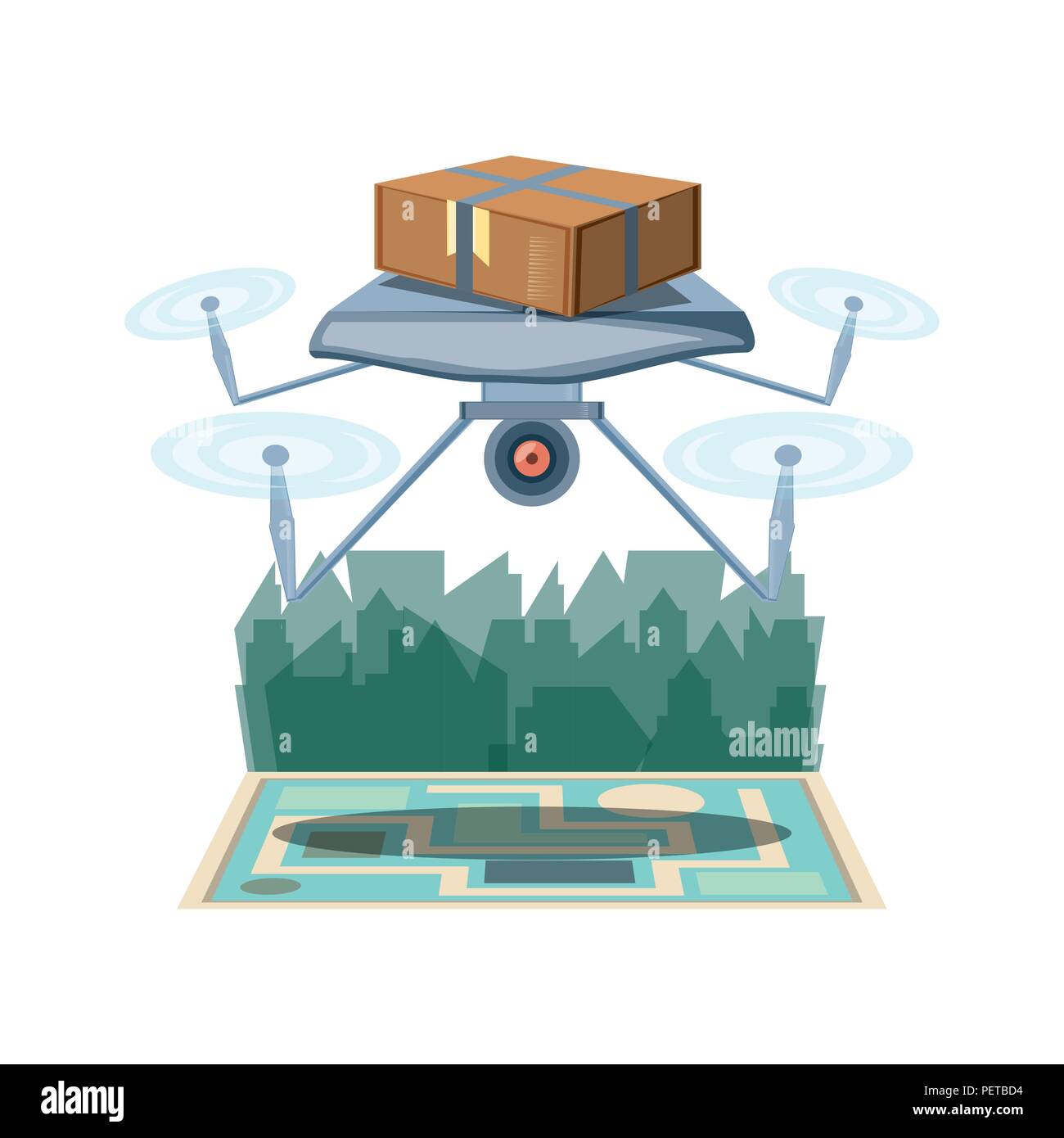 drone delivery service with box and cityscape vector illustration ...