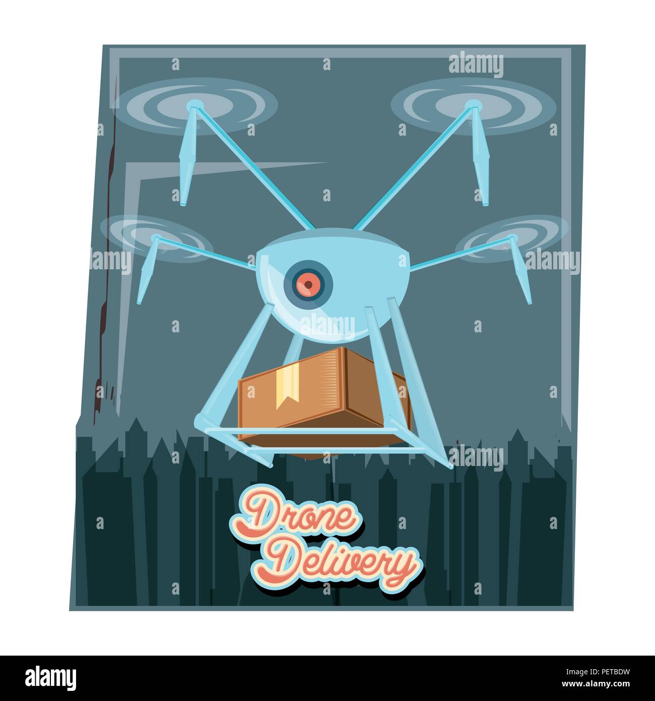 drone delivery service with box and cityscape vector illustration ...