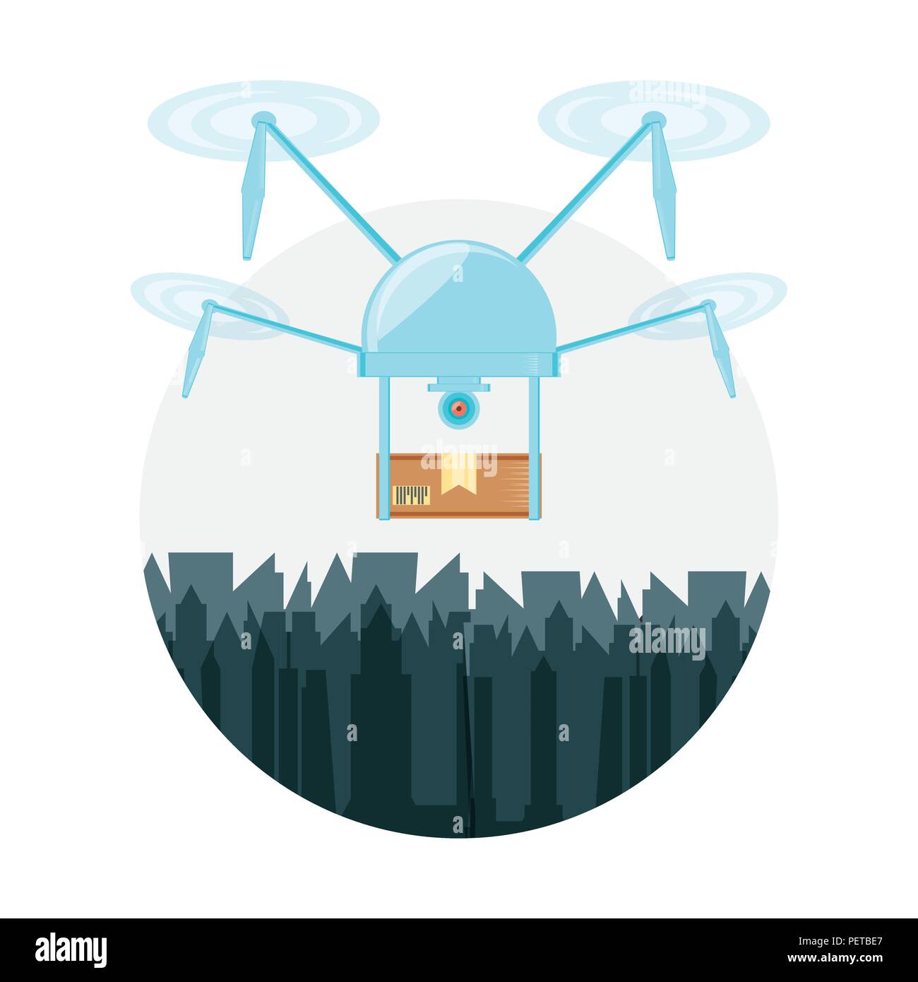 drone delivery service with box and cityscape vector illustration ...