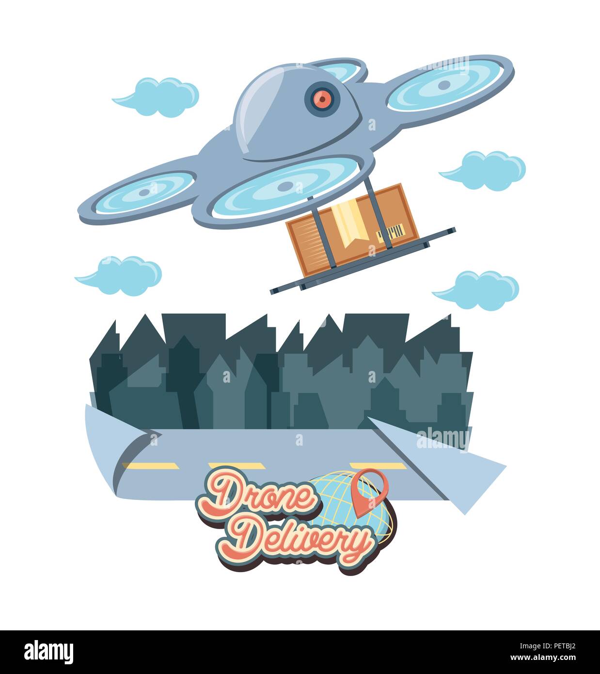 drone delivery service with box and cityscape vector illustration ...