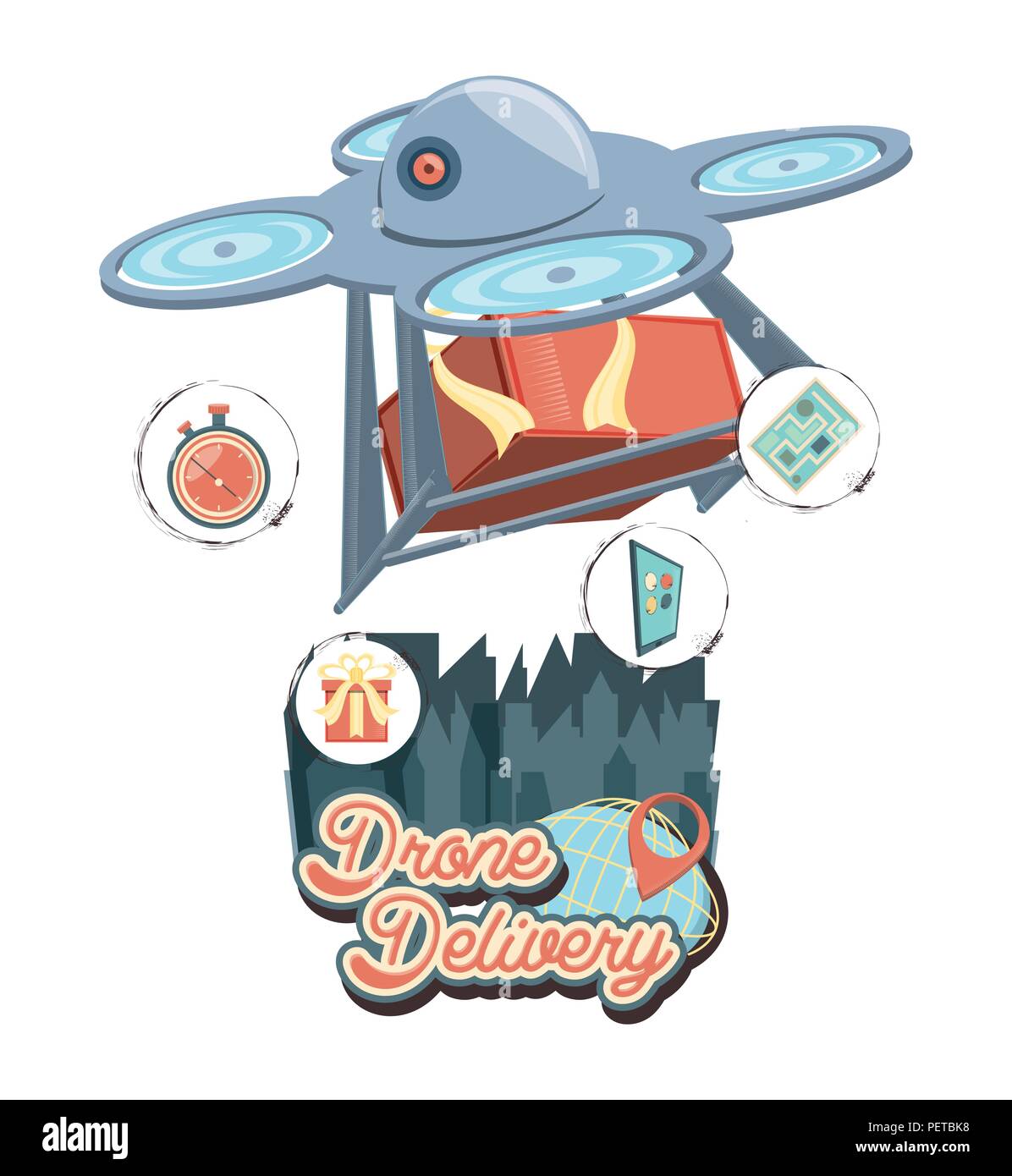drone delivery service with box and cityscape vector illustration ...
