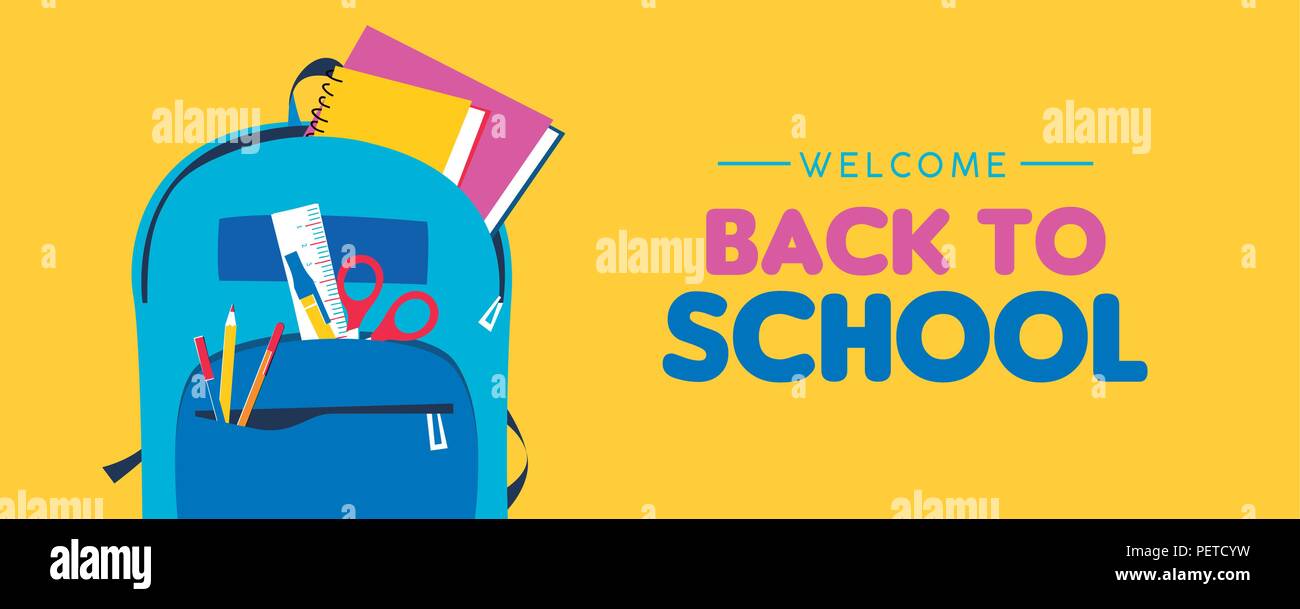 Back to school web banner, colorful kid backpack illustration. Student bag with class supplies and happy typography quote. EPS10 vector. Stock Vector