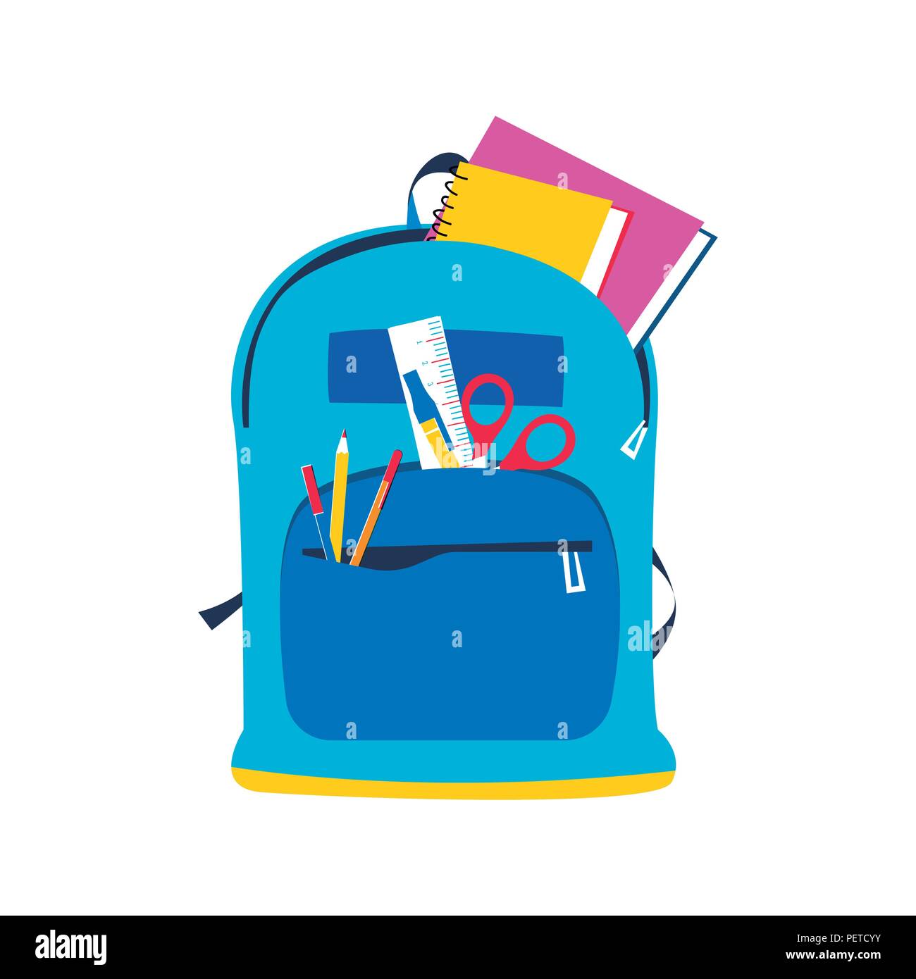 Kid backpack isolated illustration. Student bag with art supplies, pencil,  scissors, ruler and note book for back to school concept. EPS10 vector  Stock Vector Image & Art - Alamy
